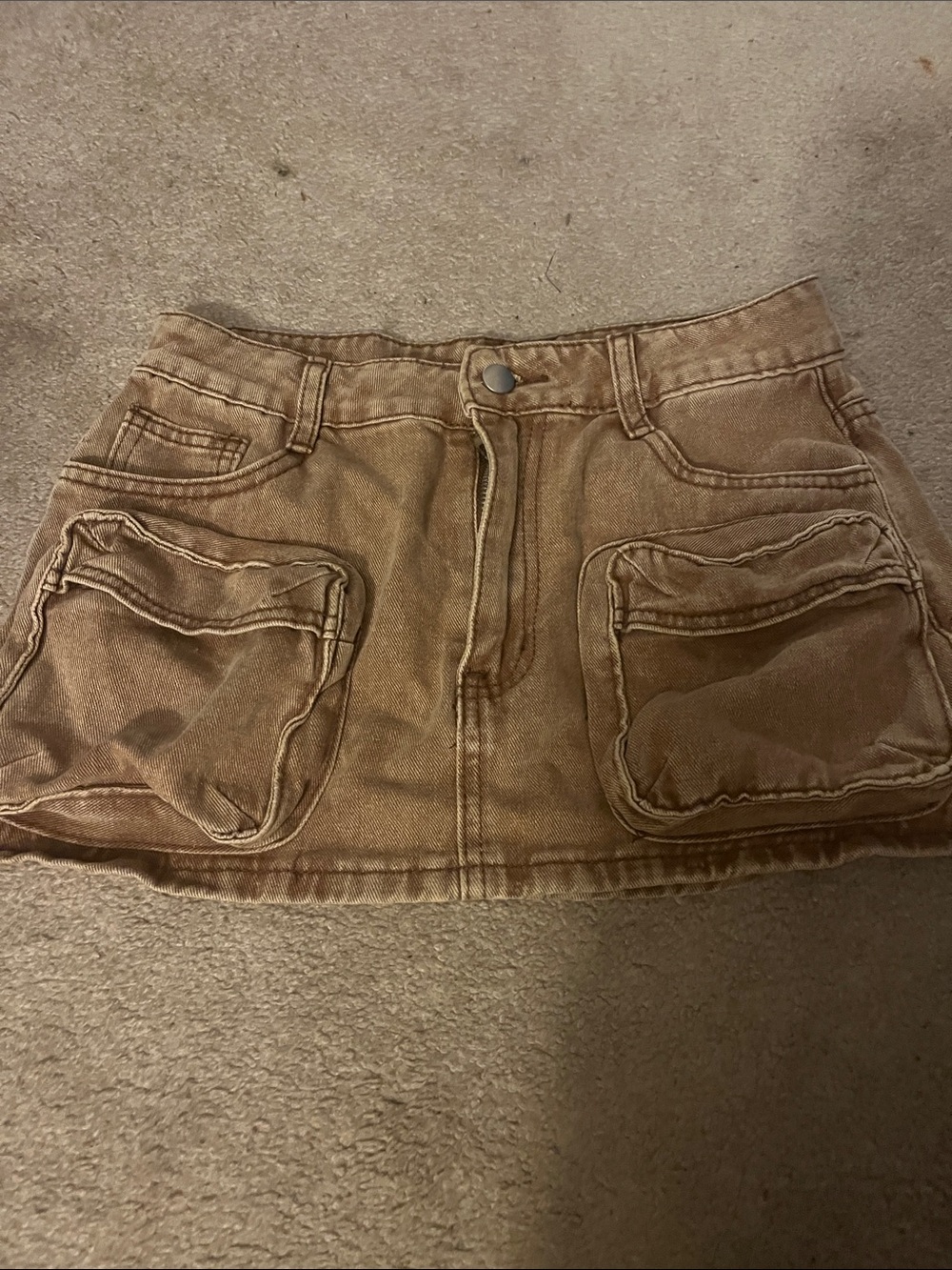 Casual Brown Denim Mini Skirt with Front Patch Pockets
